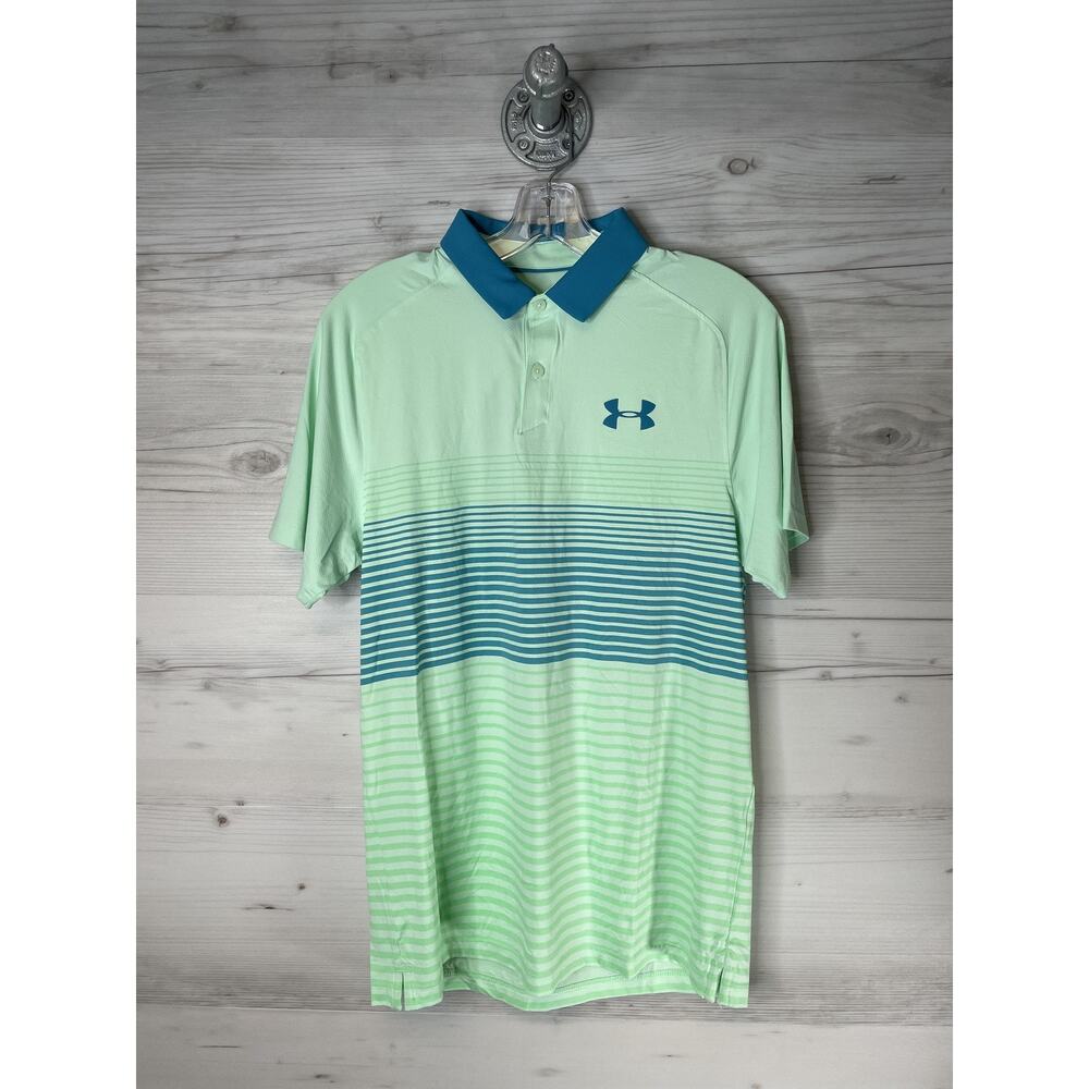 Under Armour Polo Shirt Mens Small Green Blue HeatGear Loose Stripe Golf